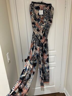 Tropical-Print Wide-Leg Jumpsuit in Cream, Navy & Rust by